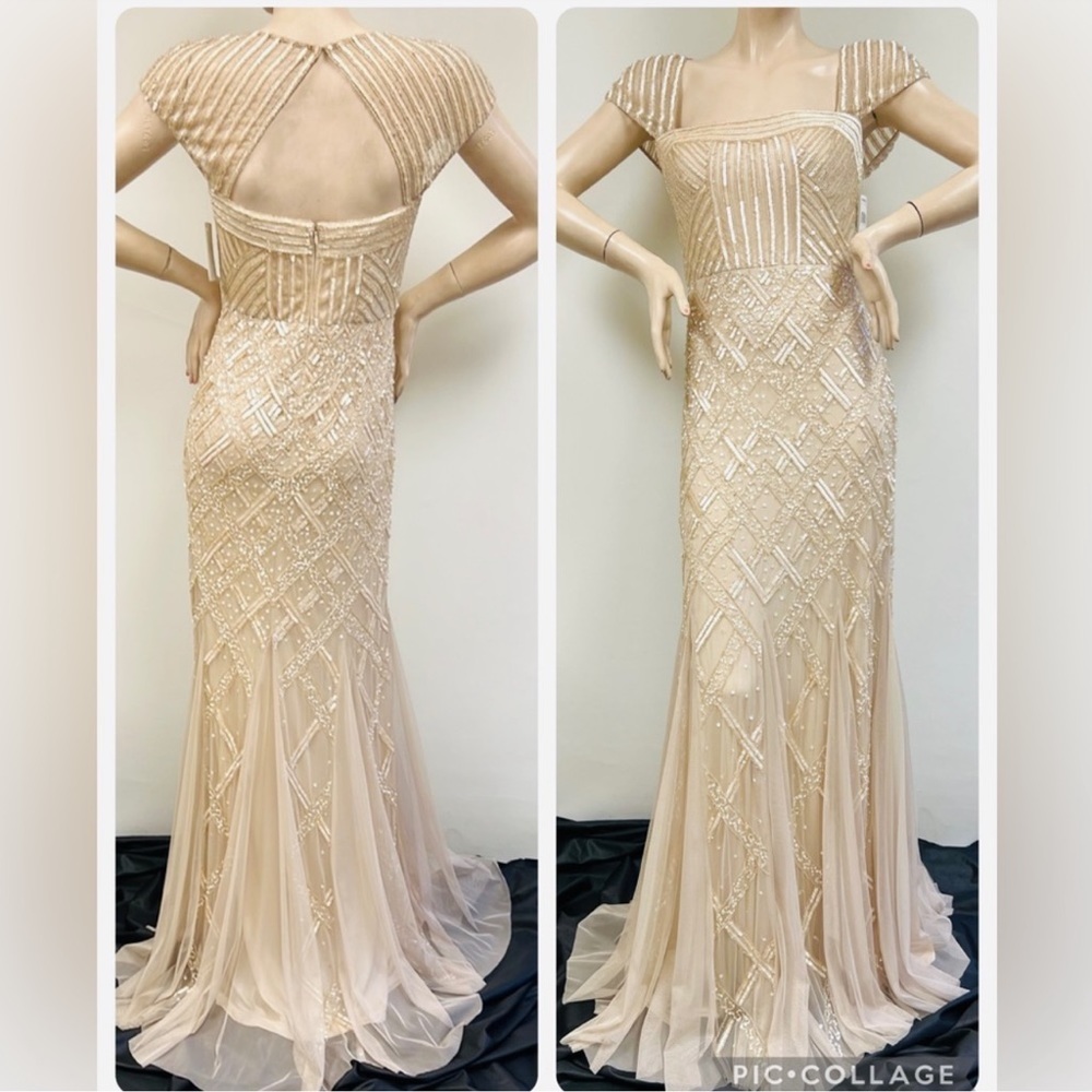Adrianna papell cap sleeves sweetheart neckline beaded long gown